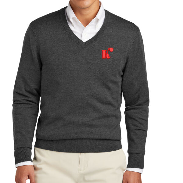 **CLOSEOUT ITEM** Washable Merino V Neck Sweater - Embroidered Logos Thumbnail